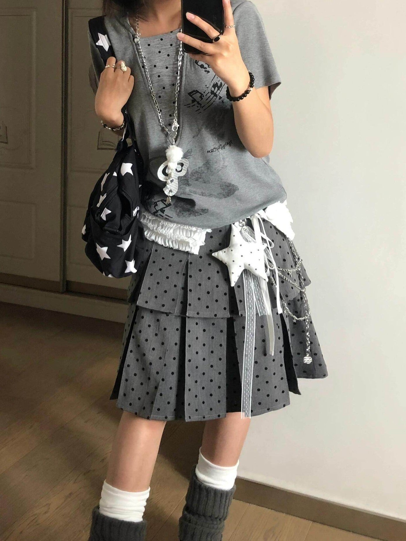 Gray polka dot pleated skirt TK0403