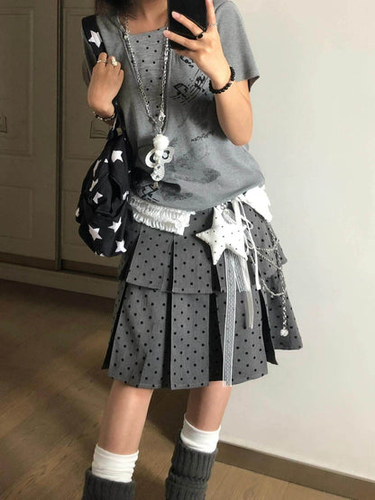 Gray polka dot pleated skirt TK0403