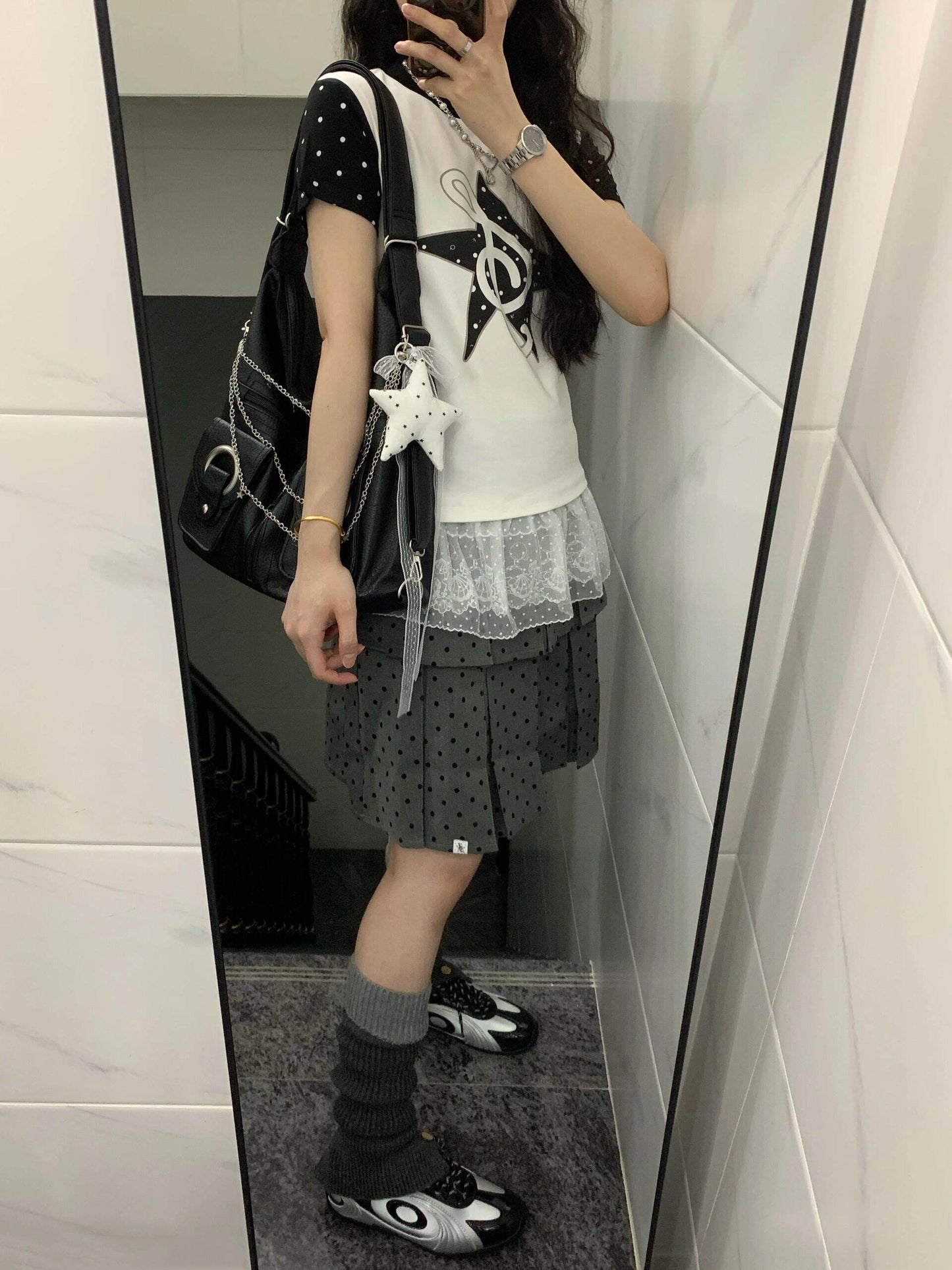 Gray polka dot pleated skirt TK0403