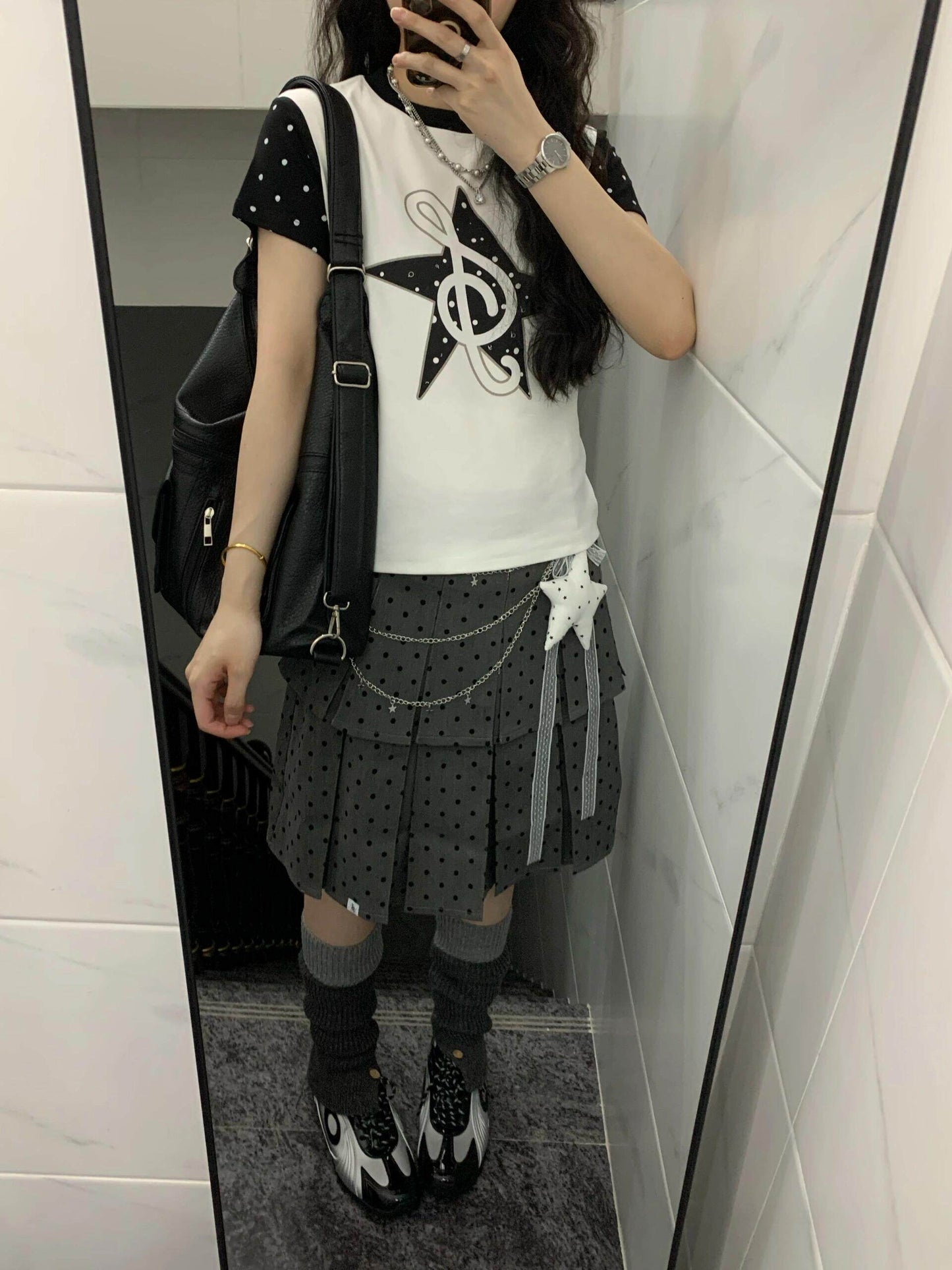 Gray polka dot pleated skirt TK0403