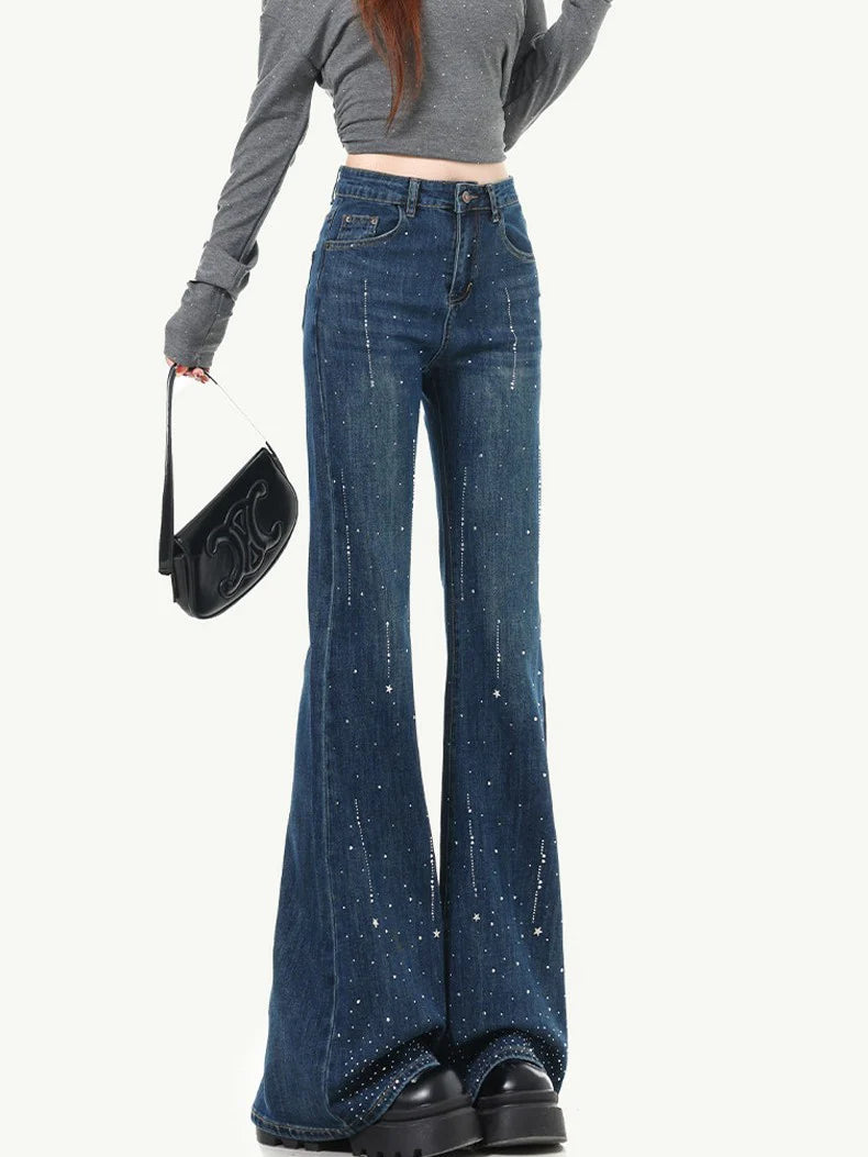 High-Waisted Rhinestone Flare Jeans TK0443