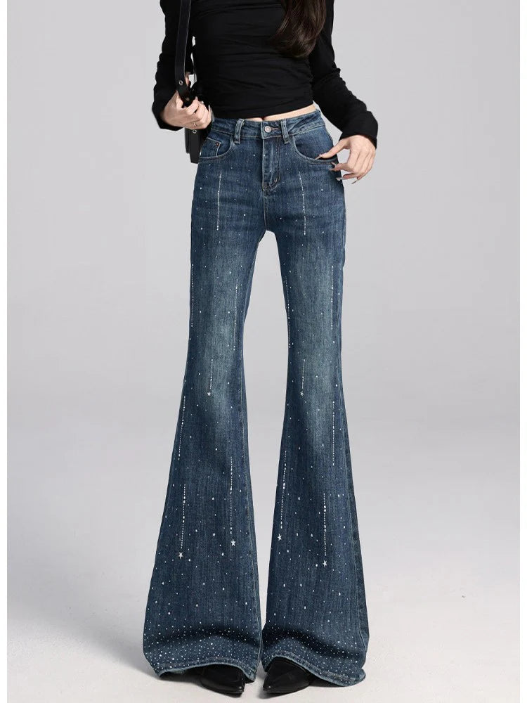 High-Waisted Rhinestone Flare Jeans TK0443