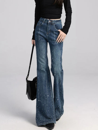 High-Waisted Rhinestone Flare Jeans TK0443