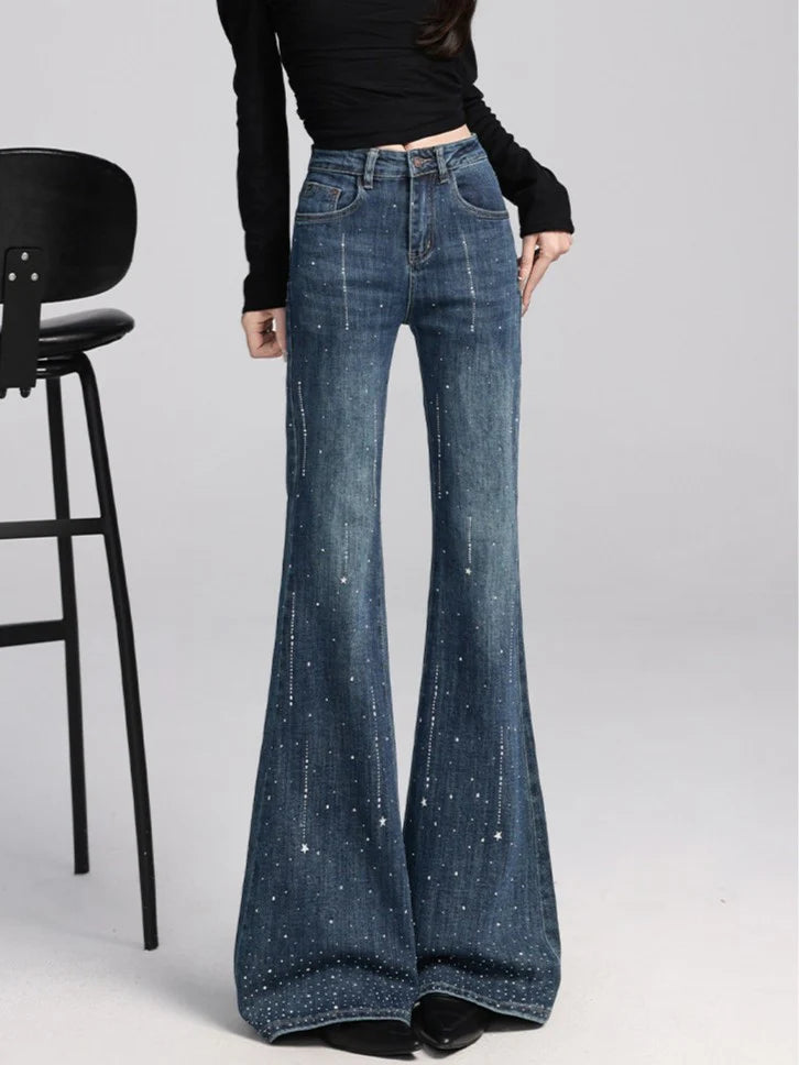 High-Waisted Rhinestone Flare Jeans TK0443