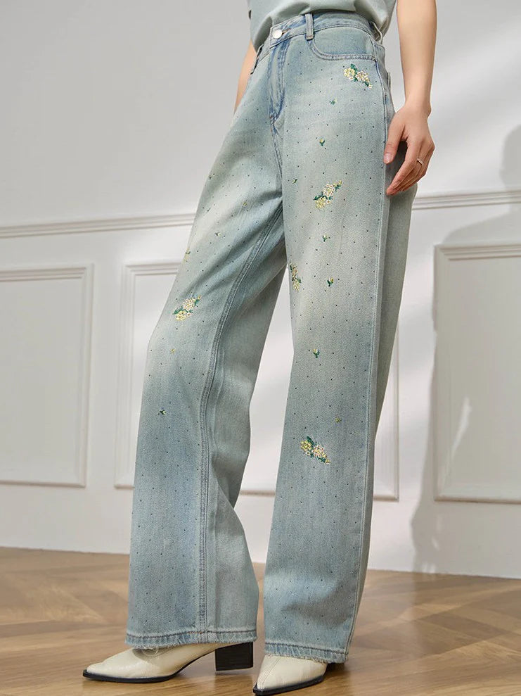 Floral Embroidered Relaxed Wide-Leg Jeans TK0514