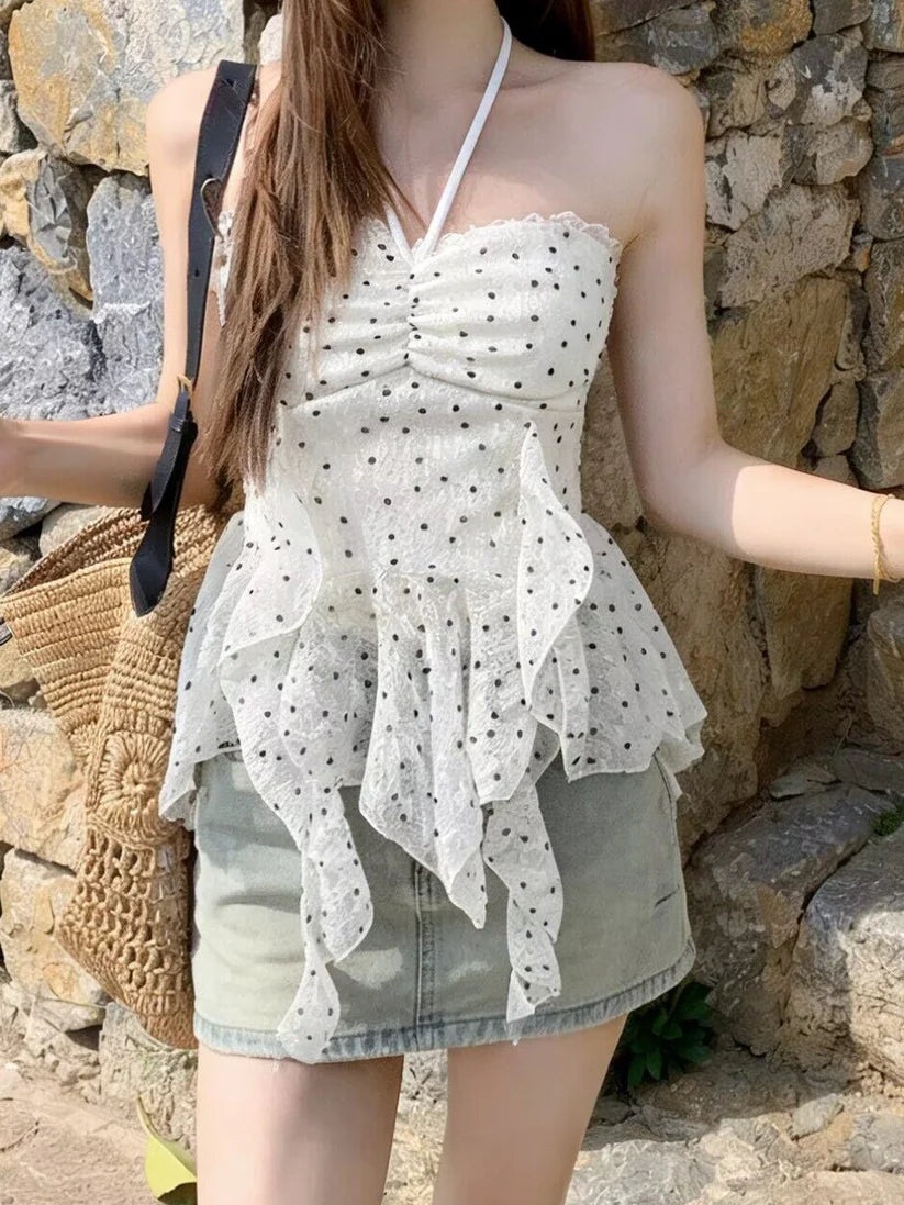 Polka Dot Lace Ruffle Tube Top TK0523