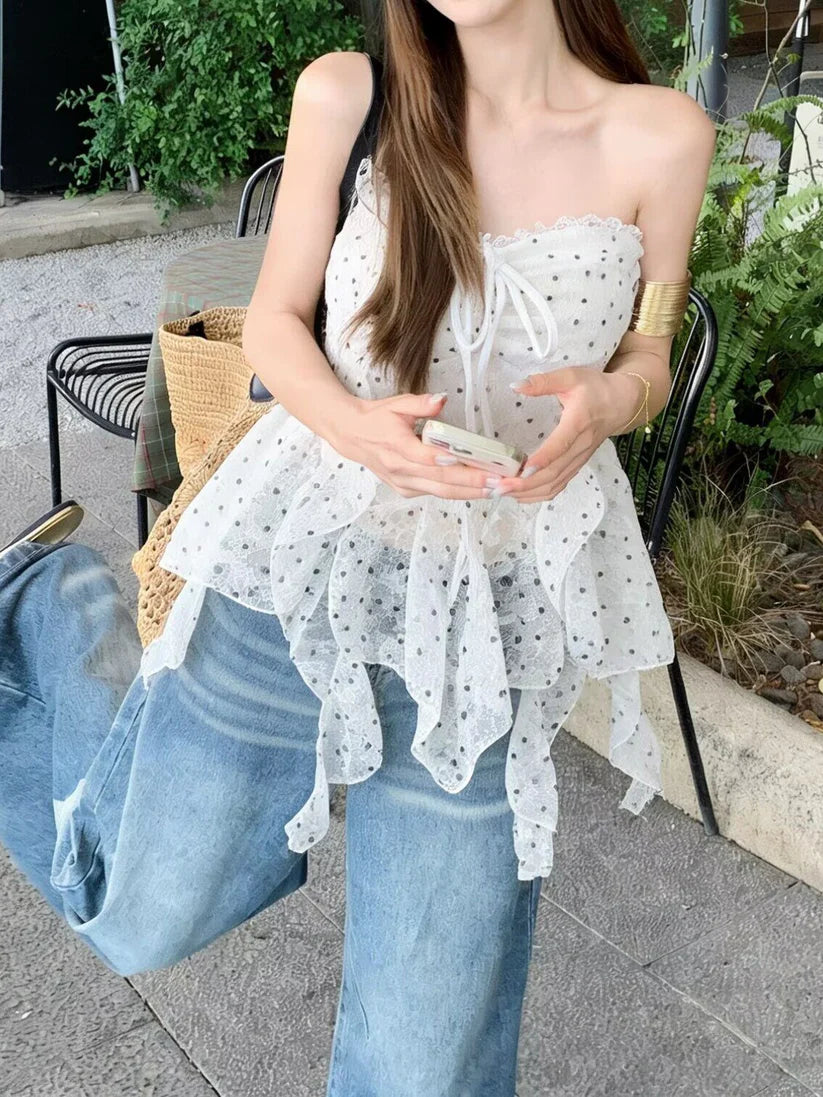 Polka Dot Lace Ruffle Tube Top TK0523