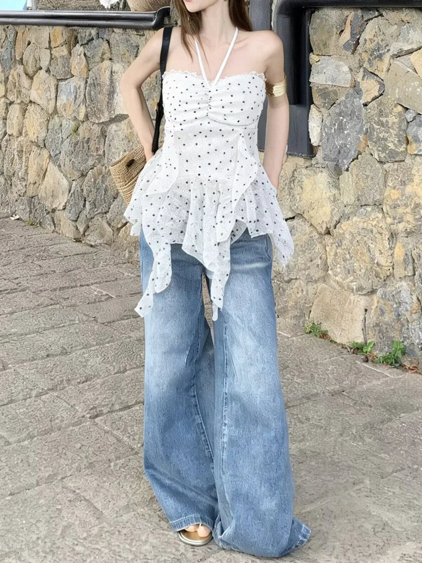 Polka Dot Lace Ruffle Tube Top TK0523