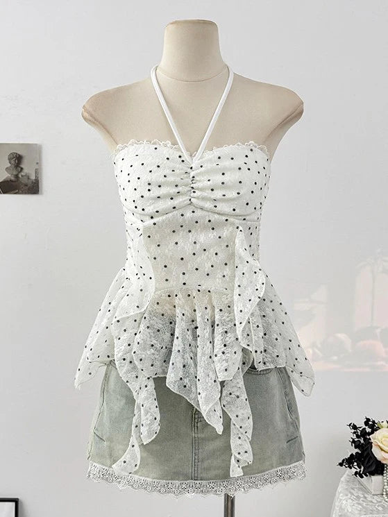 Polka Dot Lace Ruffle Tube Top TK0523
