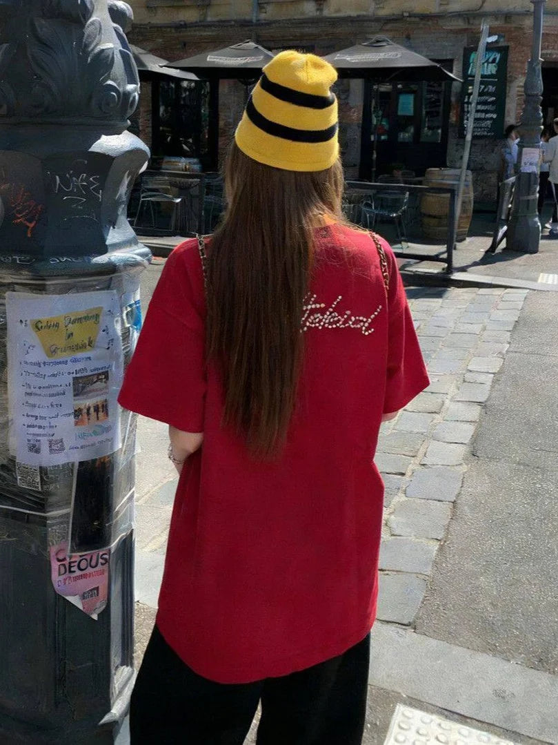 Red Pearl Embellished Logo T-Shirt TK0534