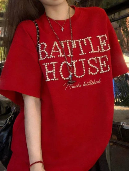 Red Pearl Embellished Logo T-Shirt TK0534