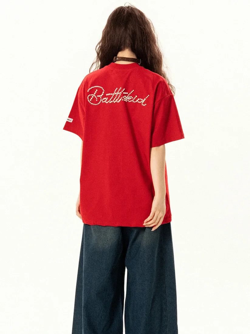 Red Pearl Embellished Logo T-Shirt TK0534