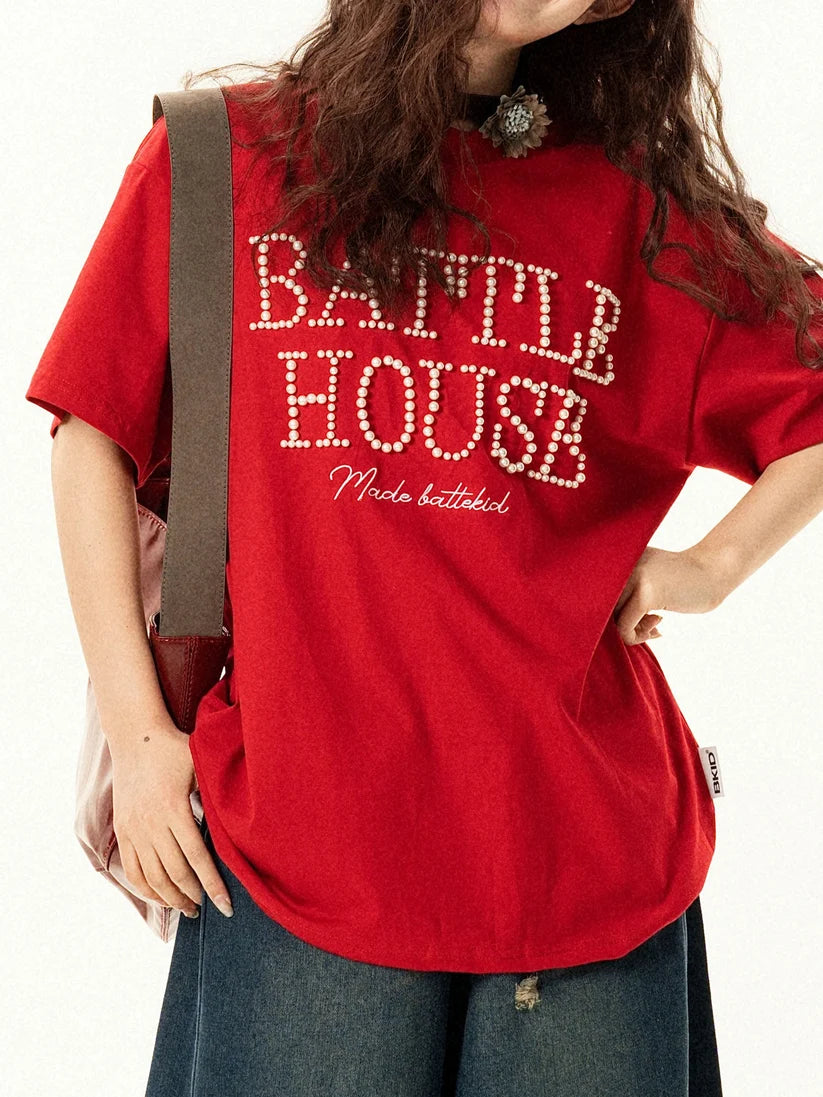 Red Pearl Embellished Logo T-Shirt TK0534