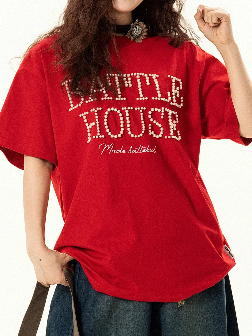 Red Pearl Embellished Logo T-Shirt TK0534